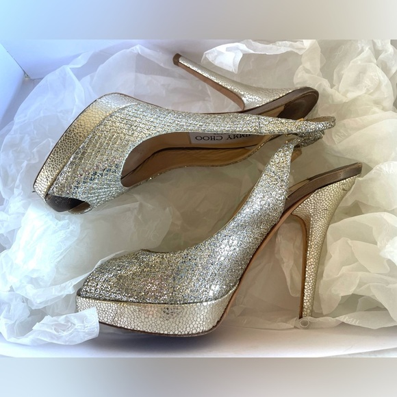 Womens Jimmy Choo Nova Champagne Glitter Peep Toe Slingback Heels 35/6 - Picture 10 of 10